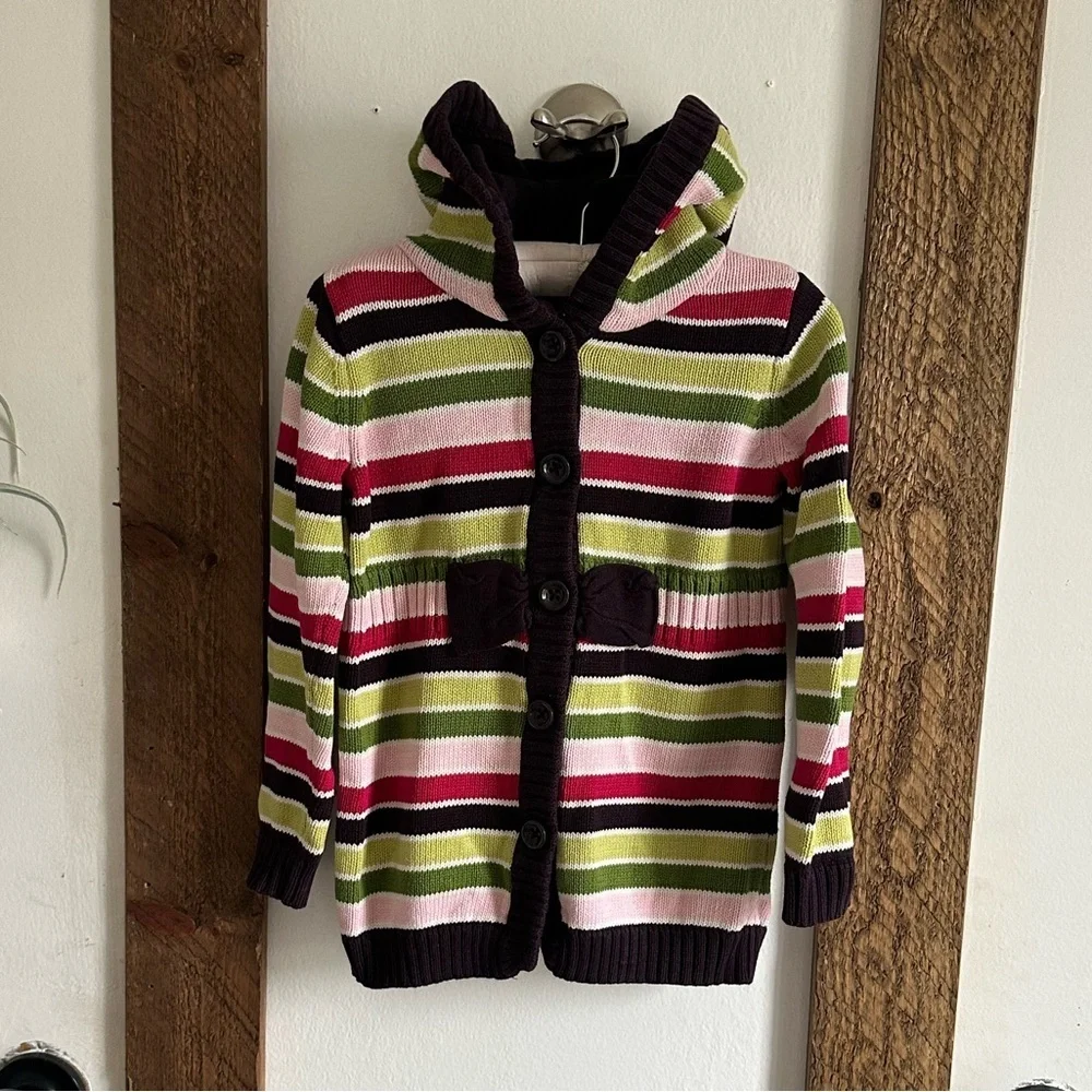 Y2K Gymboree 100% Cotton Knit Hooded Striped Sweater Size xs 3/4 Girl